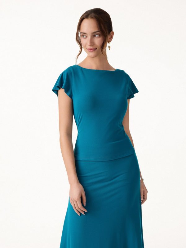 SkinKiss Boatneck Cowl Back Flutter Sleeve Bra Top