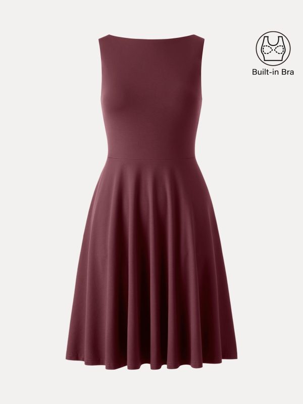 Stretchy Boatneck Fit-and-Flare Mini Bra Dress with Pockets