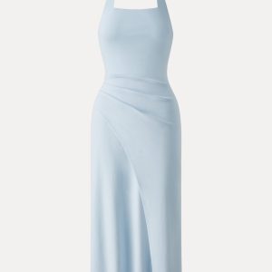 Cotton Lyocell Halter Square Neck Tucked Maxi Dress - Image 12