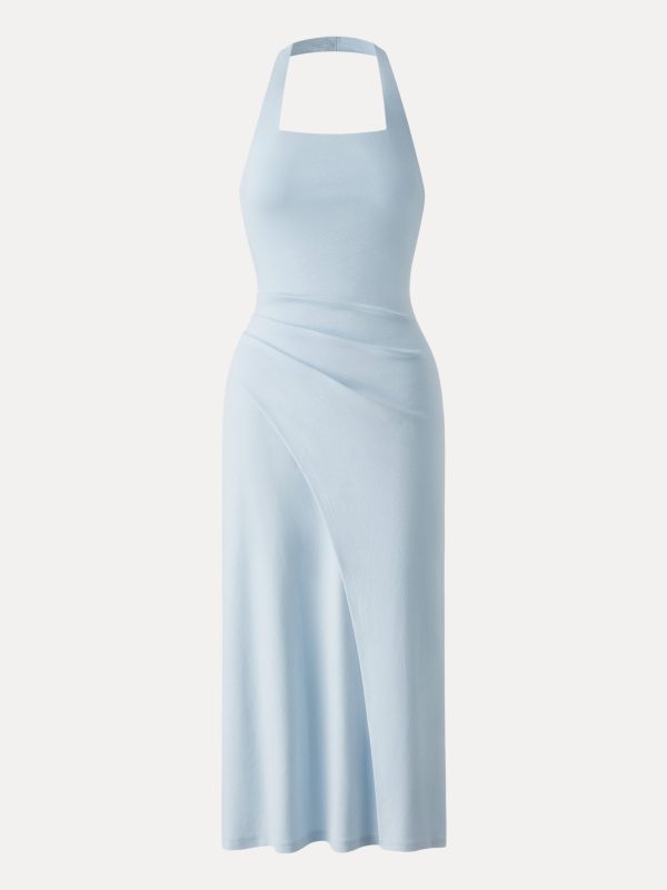 Cotton Lyocell Halter Square Neck Tucked Maxi Dress