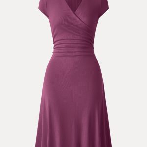 Stretch Cotton Surplice V-neck Cap Sleeve Midi Dress - Image 13