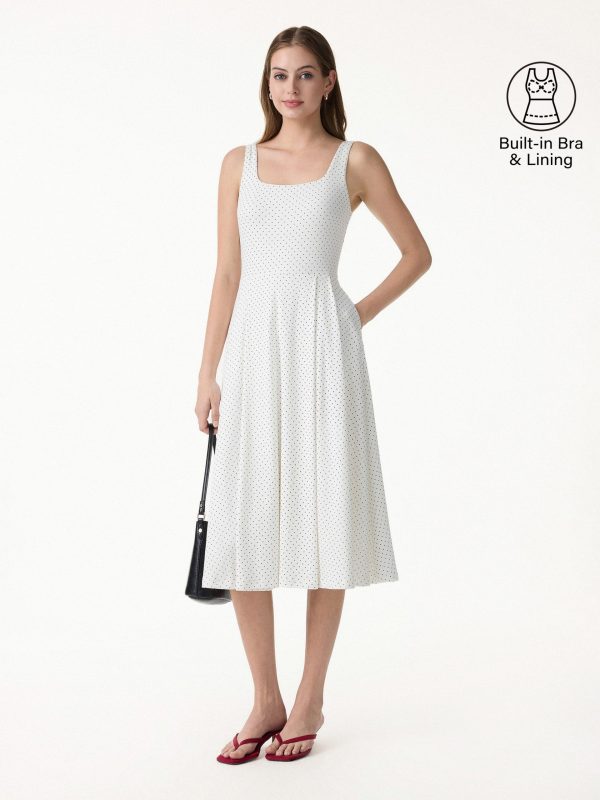 Stretch Cotton Polka Dot Square Neck Midi Bra Dress with Pockets Limited Edition
