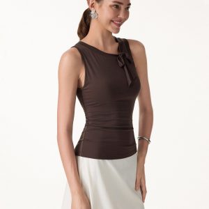 Milky Smooth Round Neck Sleeveless Top with Bow - Image 5