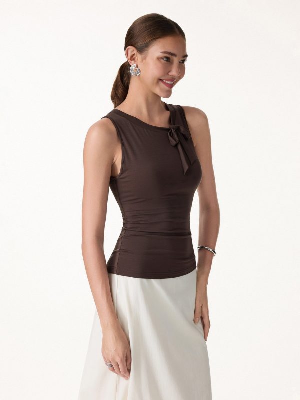 Milky Smooth Round Neck Sleeveless Top with Bow