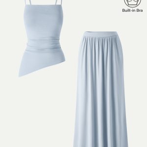 2Pcs Set Spaghetti Bra Top with Side Slit & A-Line Maxi Skirt with Pockets - Image 13