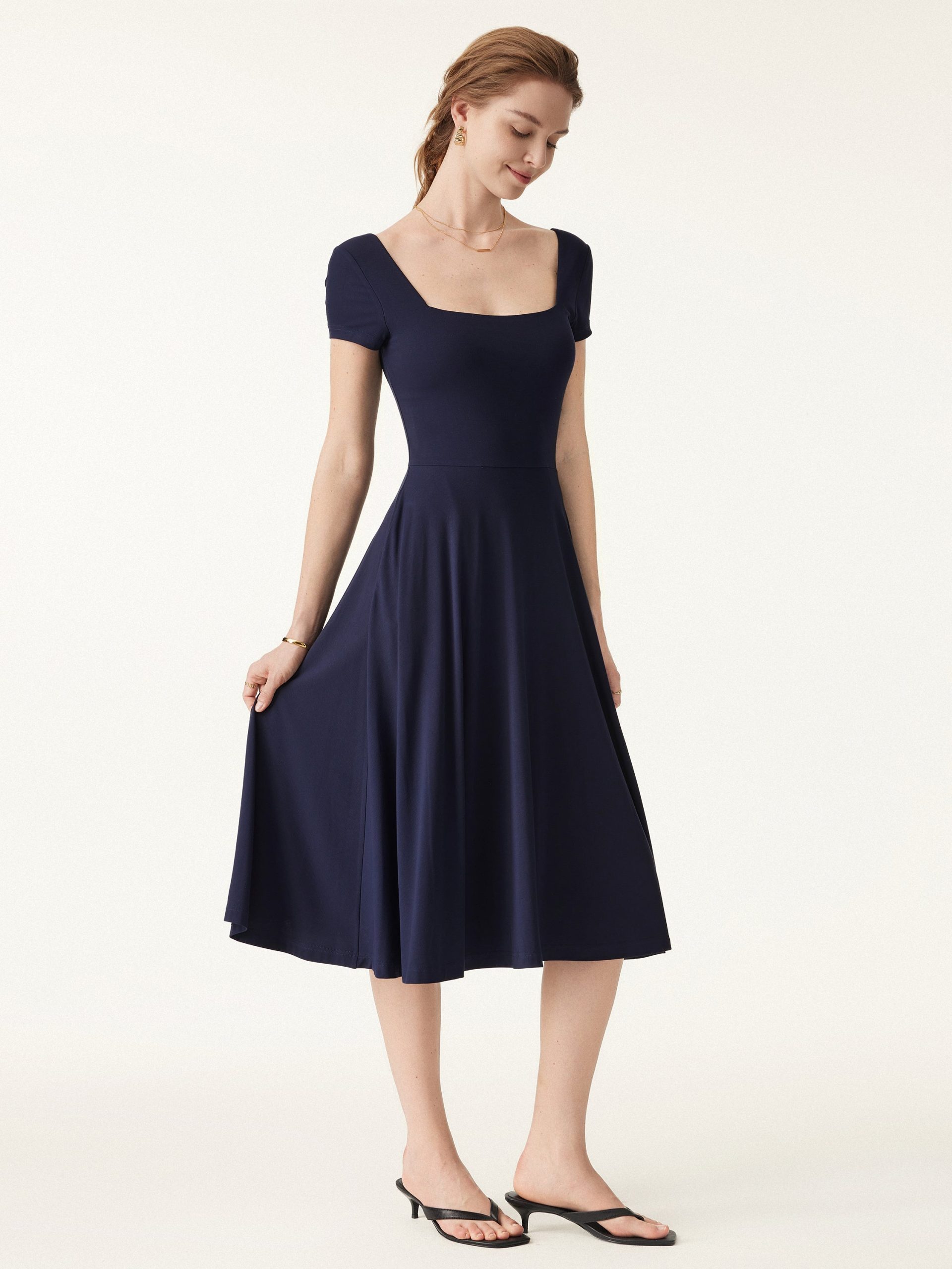 Flowy Square Neck Short Sleeve Midi Bra Dress - Image 9