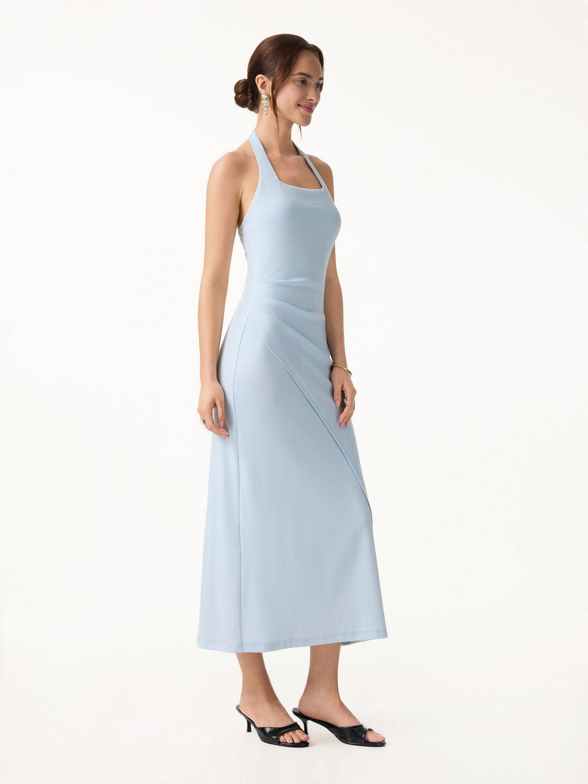 Cotton Lyocell Halter Square Neck Tucked Maxi Dress - Image 4