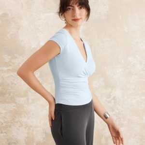 Surplice Cap Sleeve Side Ruched Fitted Tee - Image 7