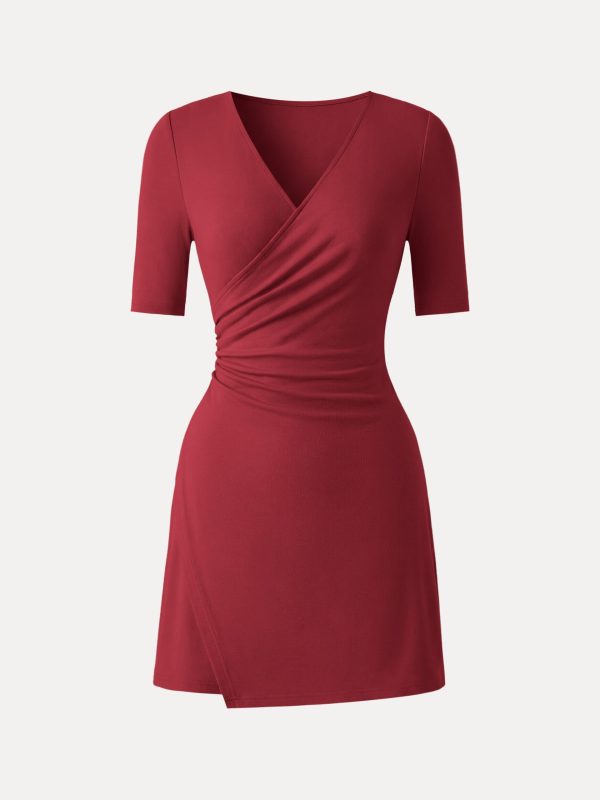 Surplice Ruched Fit-and-Flare Mini Dress
