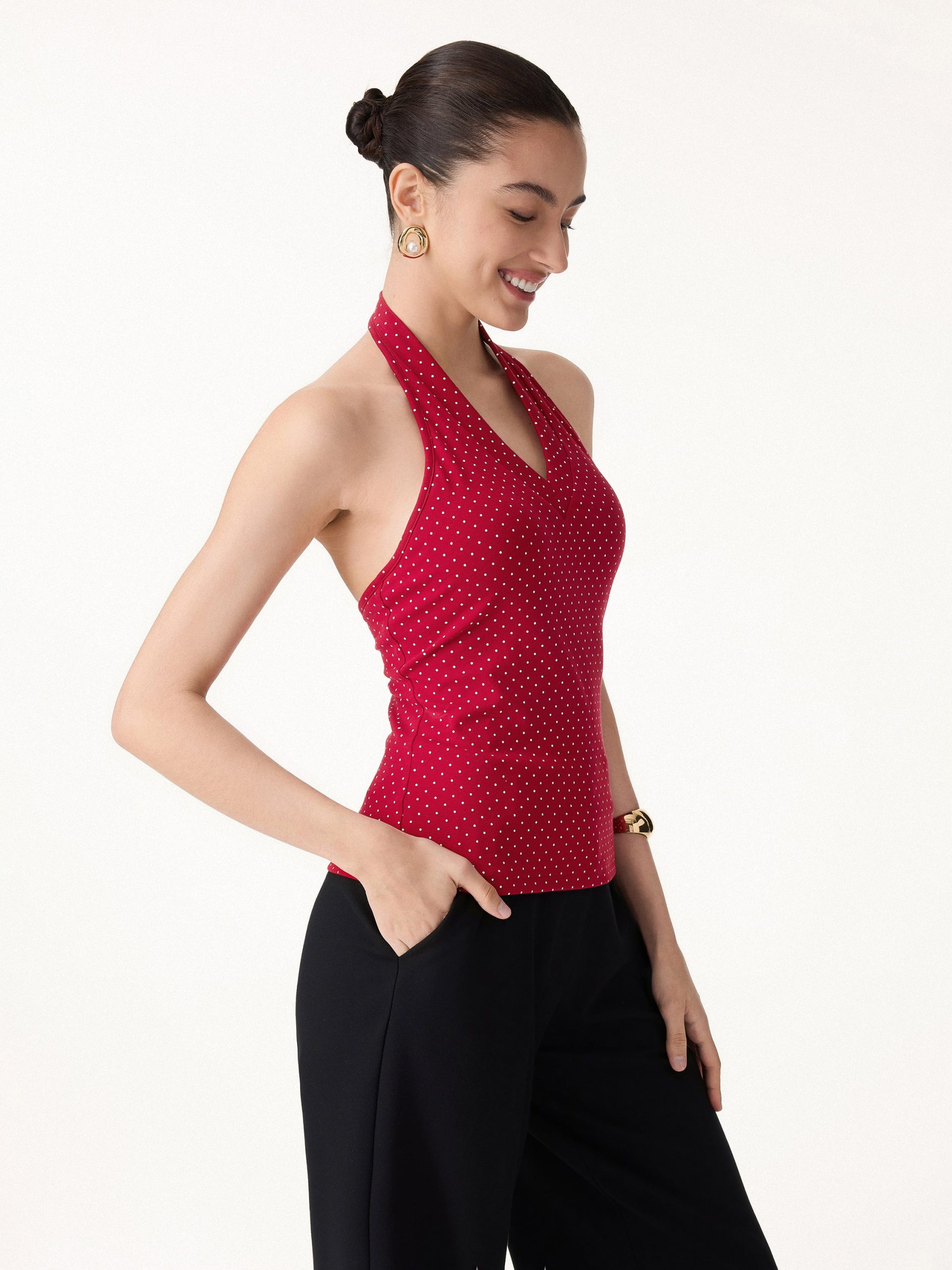 Stretch Cotton Polka Dot Halter Neck Open Back Bra Top - Image 8