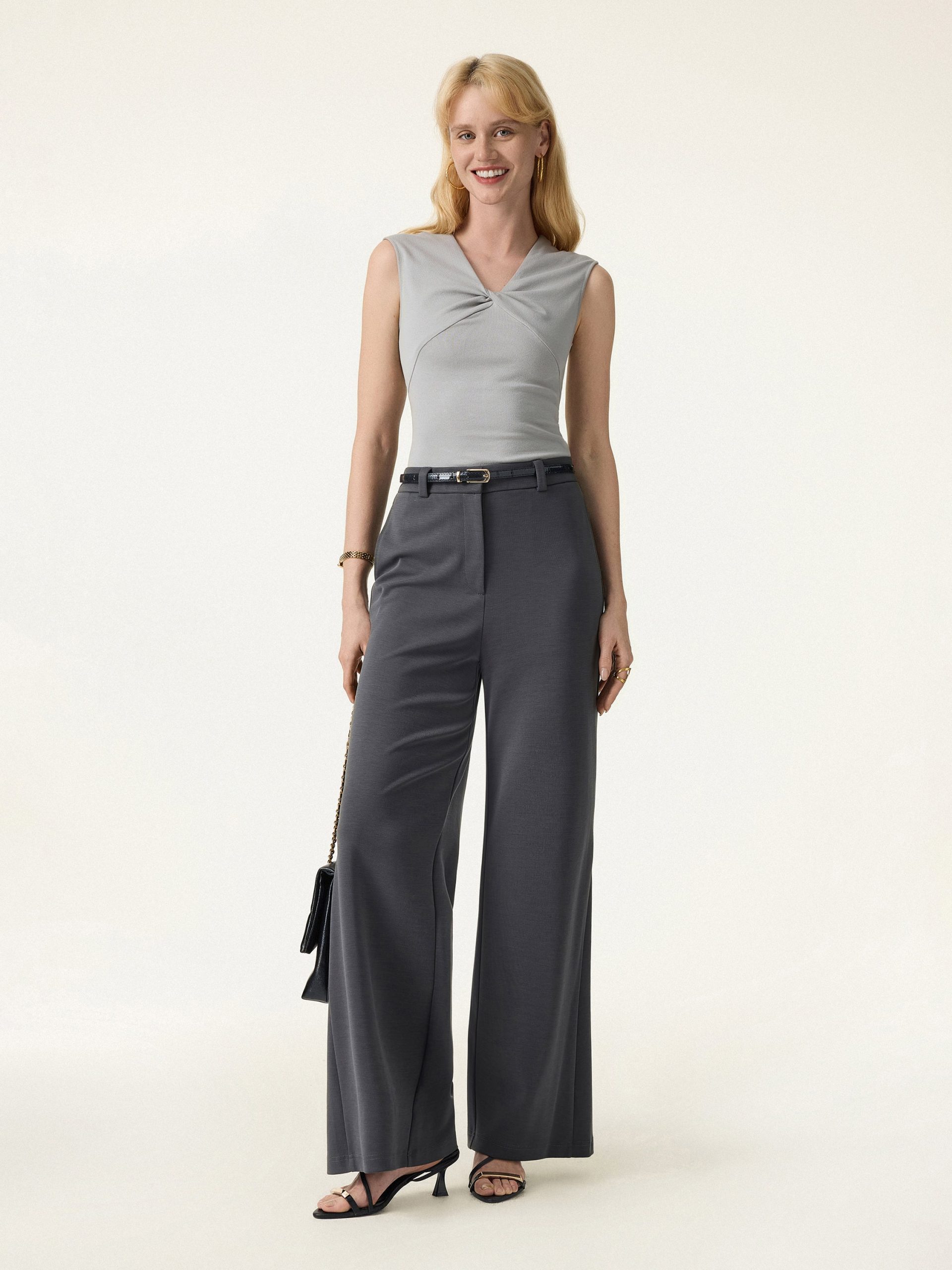 Wrinkle-Resistant High Rise Flared Trousers with Pockets - Image 3