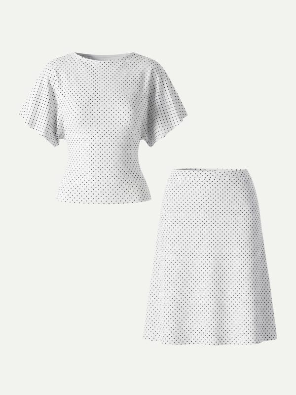 2Pcs Set Boatneck Flutter Sleeves Polka Dot Top & A-Line Flare Skirt Limited Edition