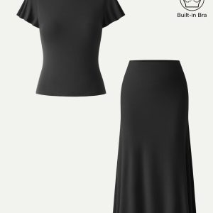 2Pcs Set SkinKiss Cowl Back Flutter Sleeve Bra Top & Pull-on Midi Skirt - Image 4
