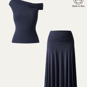2Pcs Set Multi-wear Bra Top & Side Ruched A-line Midi Skirt - Image 4