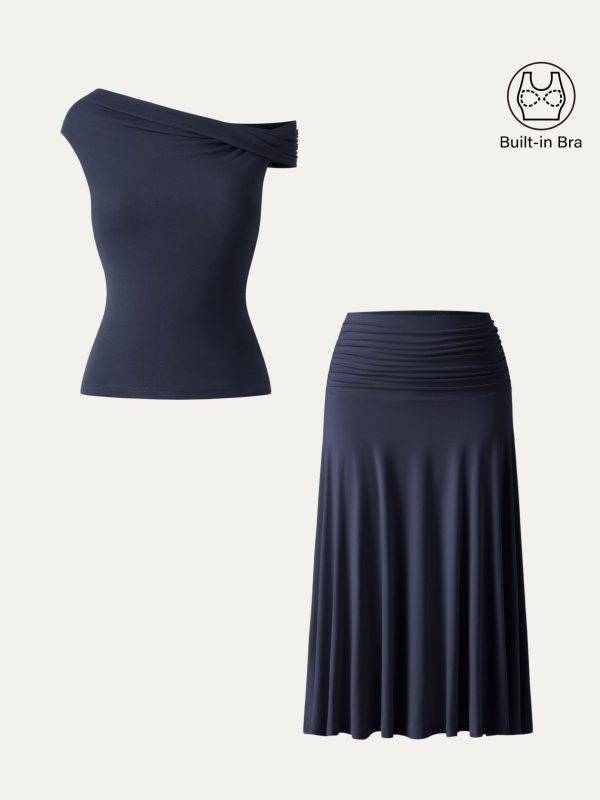 2Pcs Set Multi-wear Bra Top & Side Ruched A-line Midi Skirt