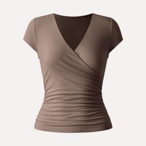 Surplice Cap Sleeve Side Ruched Fitted Tee - Image 15