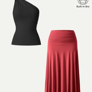 2Pcs Set One Shoulder Twisted Bra Tank & Side Ruched A-line Midi Skirt - Image 7