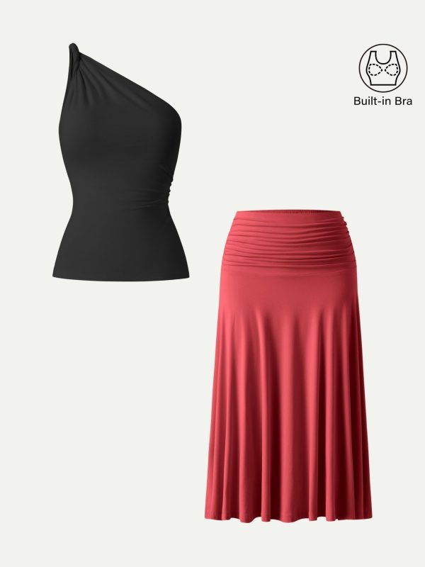 2Pcs Set One Shoulder Twisted Bra Tank & Side Ruched A-line Midi Skirt