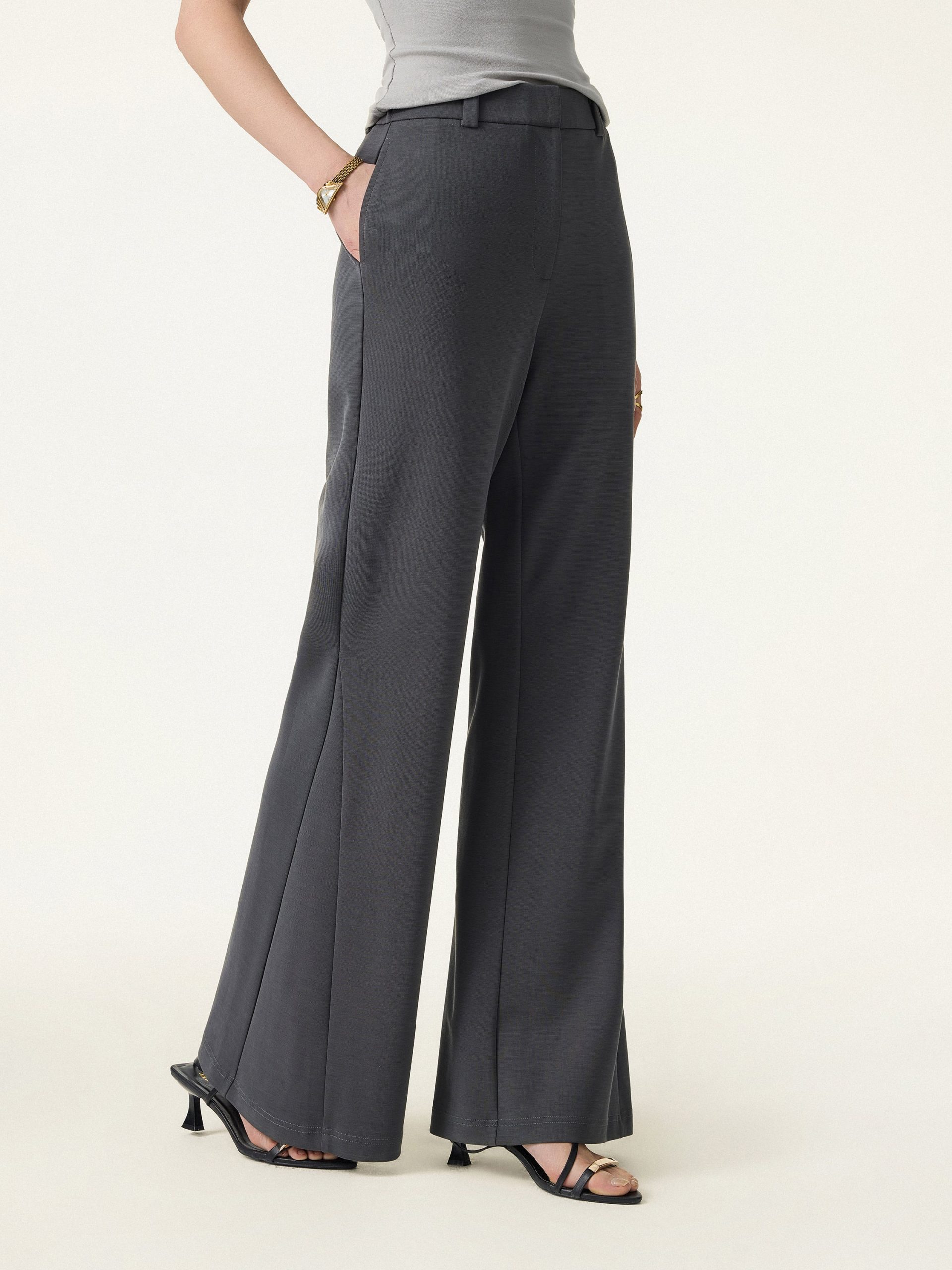 Wrinkle-Resistant High Rise Flared Trousers with Pockets - Image 1