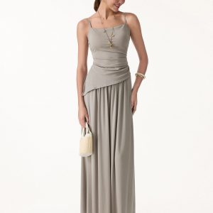 2Pcs Set Spaghetti Bra Top with Side Slit & A-Line Maxi Skirt with Pockets - Image 4
