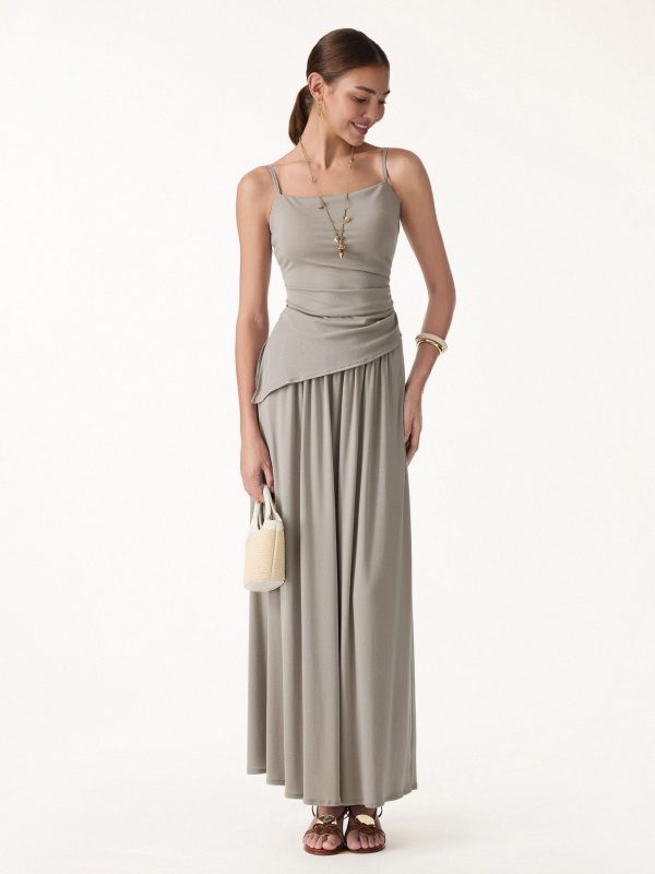 2Pcs Set Spaghetti Bra Top with Side Slit & A-Line Maxi Skirt with Pockets