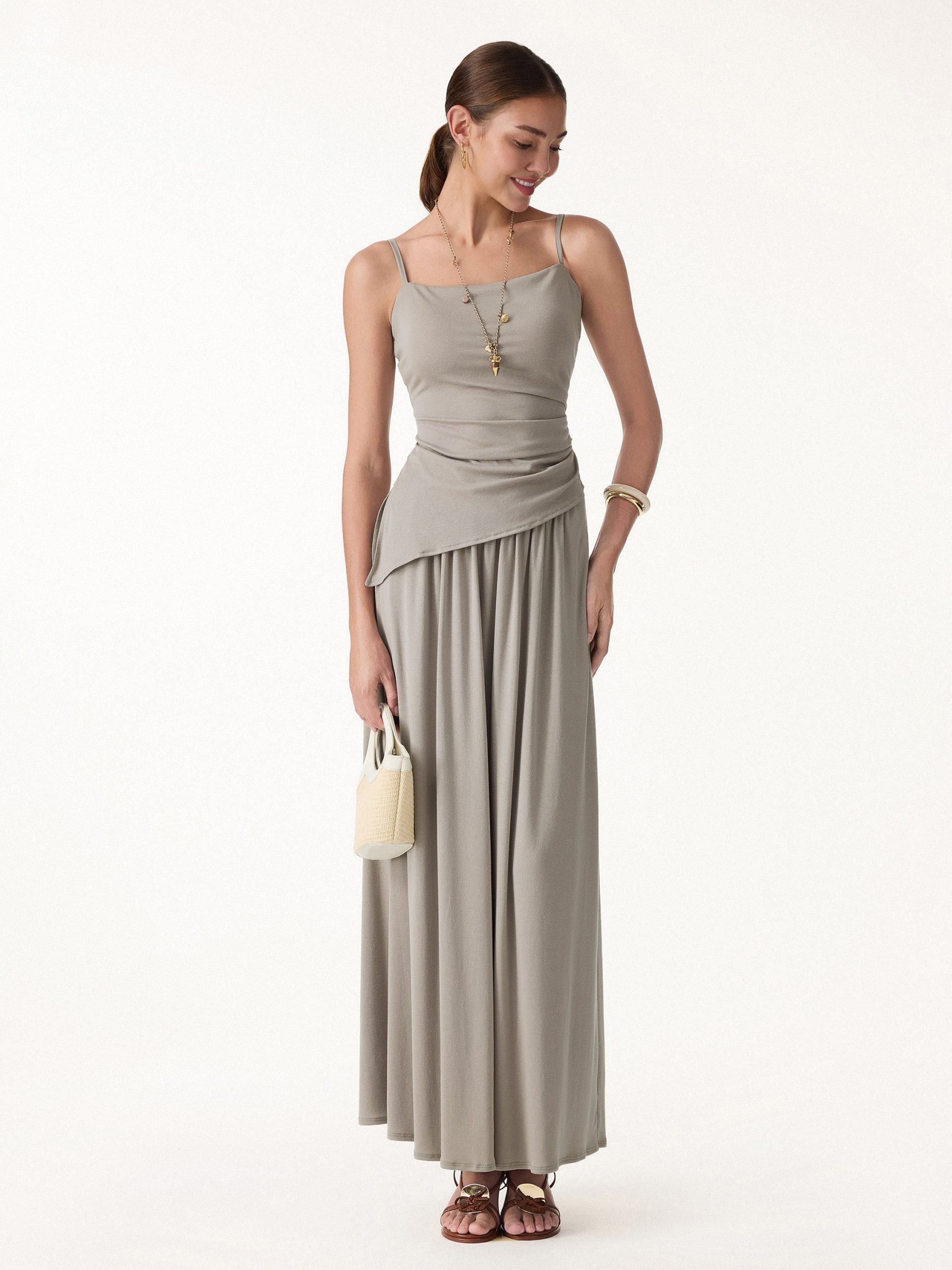 2Pcs Set Spaghetti Bra Top with Side Slit & A-Line Maxi Skirt with Pockets - Image 4