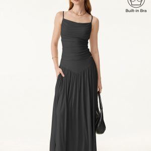 2Pcs Set Adjustable Spaghetti Straps Bra Top & V-shape Maxi Skirt with Pockets - Image 9