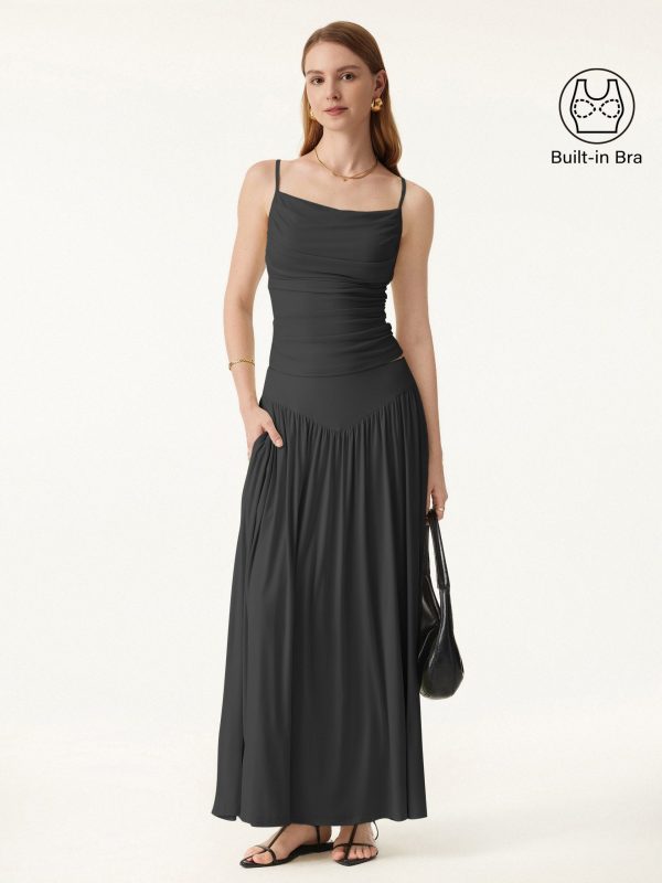 2Pcs Set Adjustable Spaghetti Straps Bra Top & V-shape Maxi Skirt with Pockets
