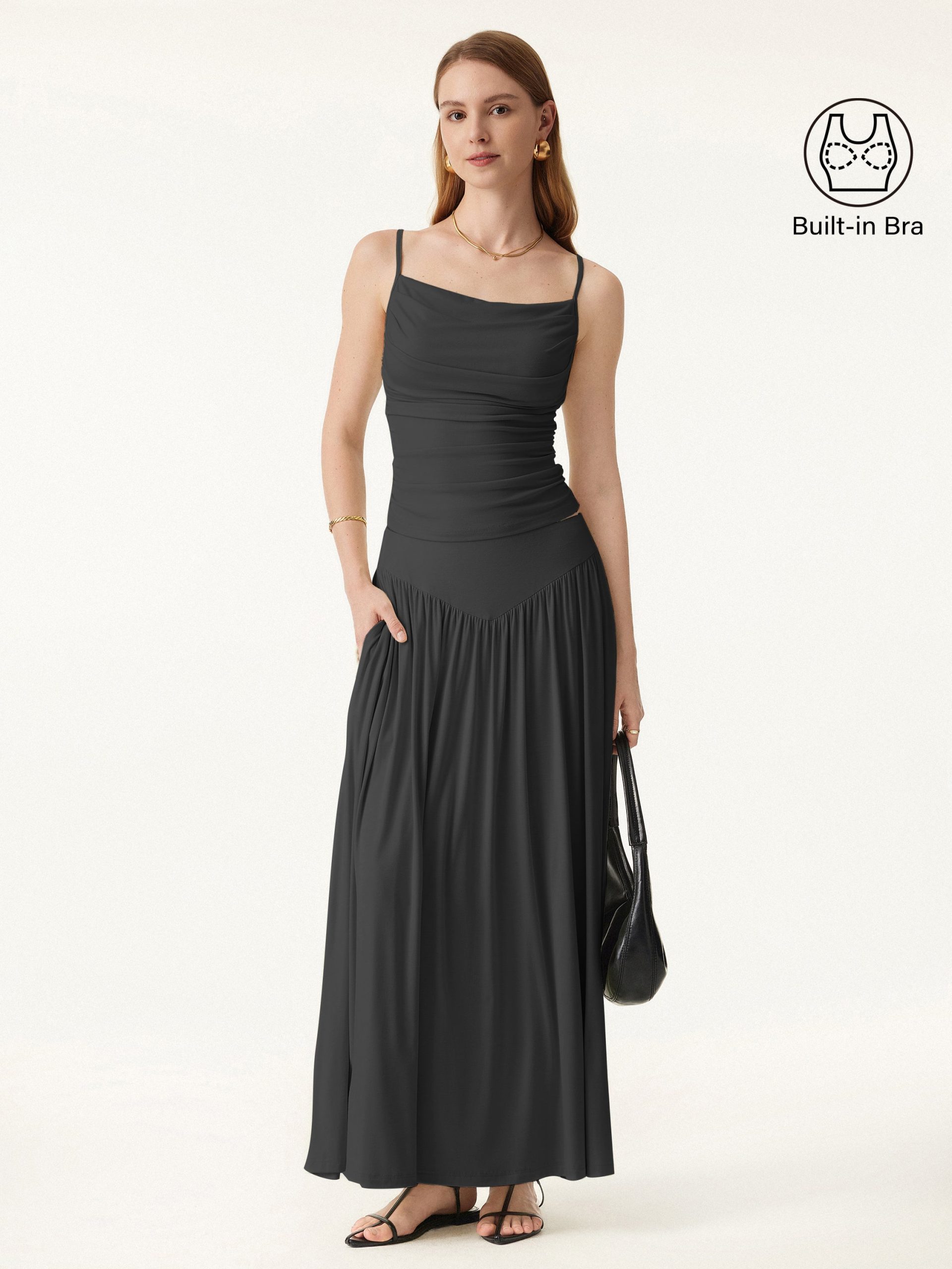 2Pcs Set Adjustable Spaghetti Straps Bra Top & V-shape Maxi Skirt with Pockets - Image 9
