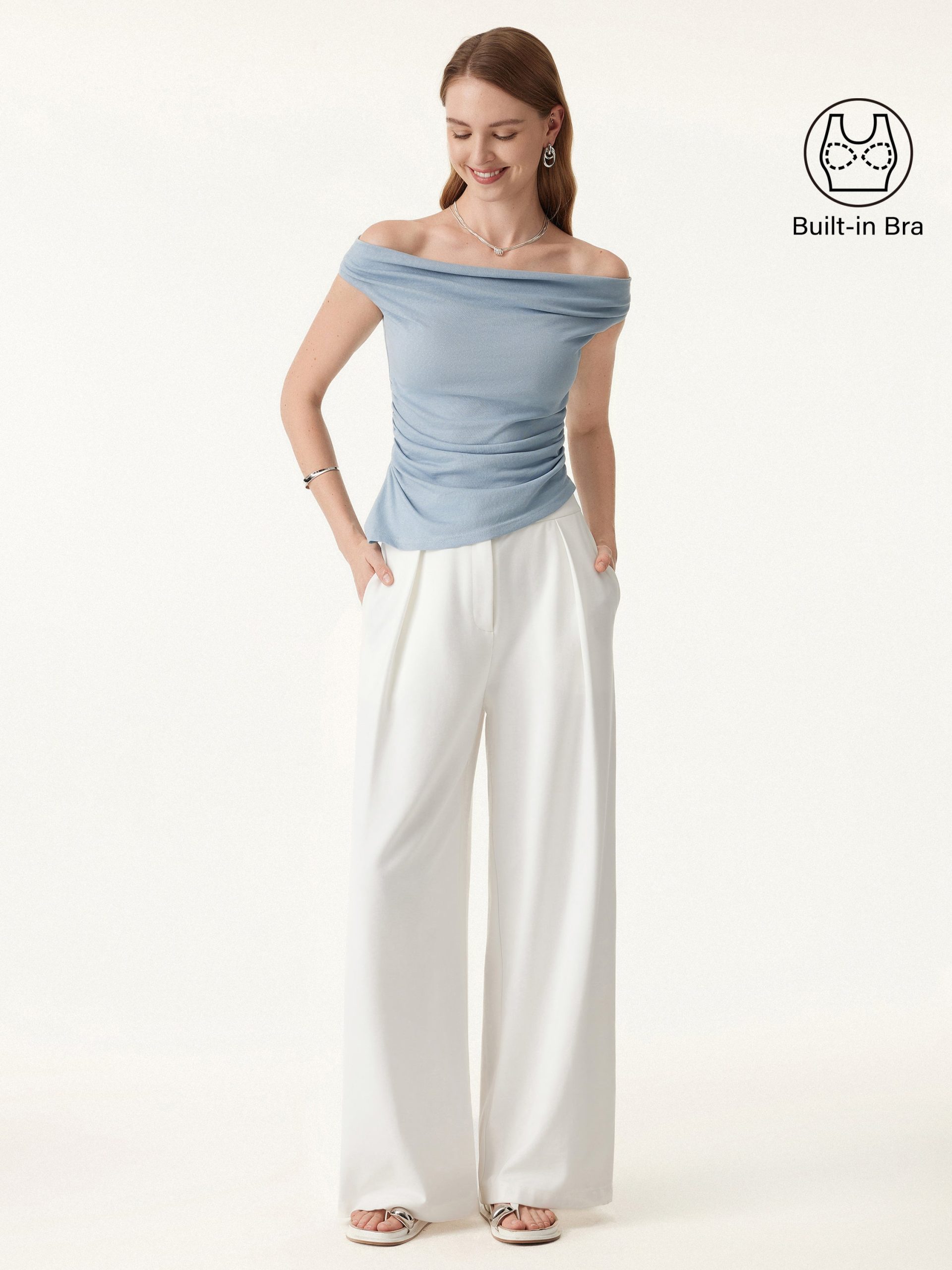 Off Shoulder Cotton-Linen Gathered New Airy Bra Tank - Image 3