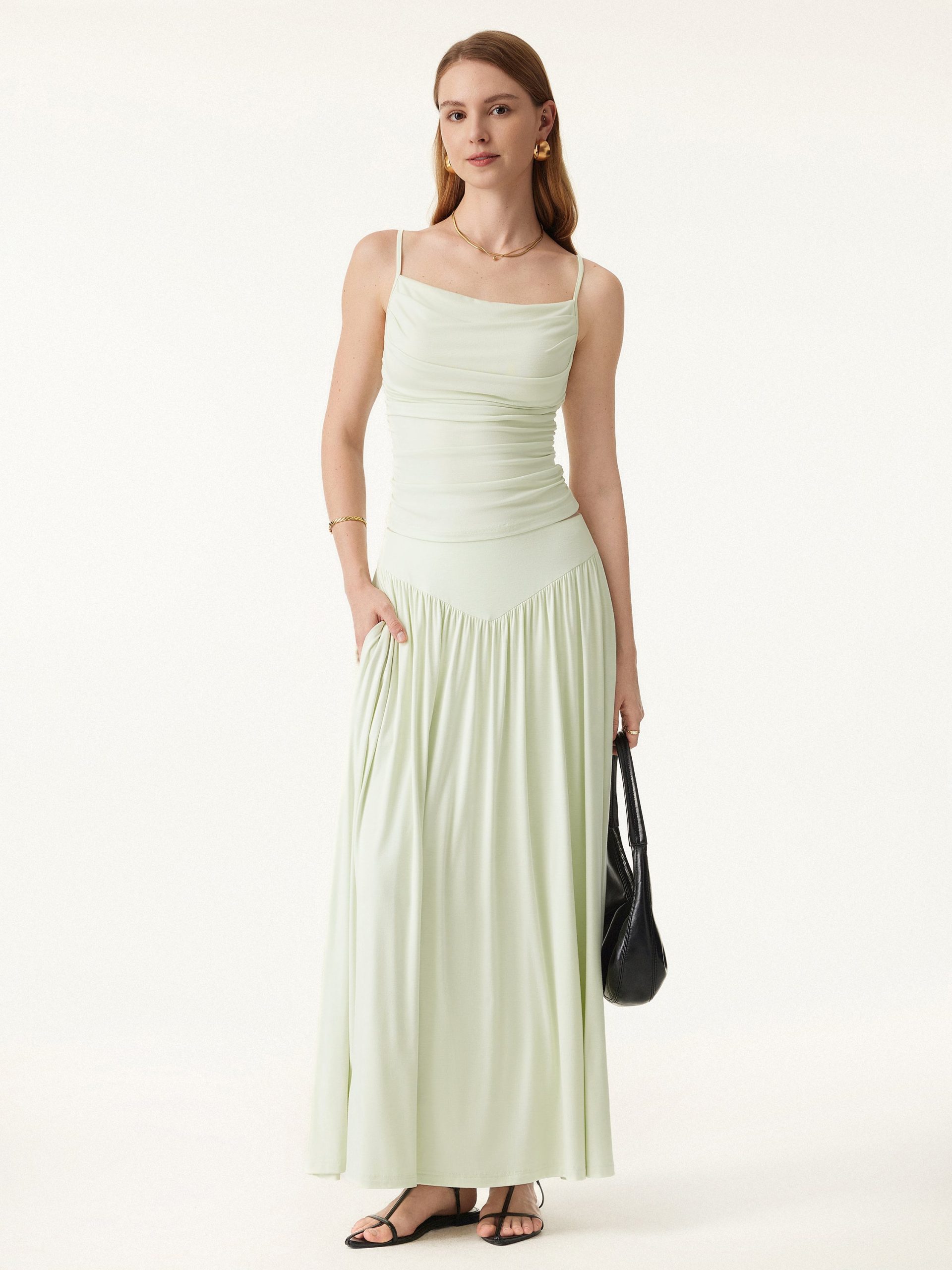 Ultrasoft V-shape Waist Gathred Maxi Circle Skirt with Pockets - Image 4