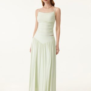 2Pcs Set Adjustable Spaghetti Straps Bra Top & V-shape Maxi Skirt with Pockets - Image 4