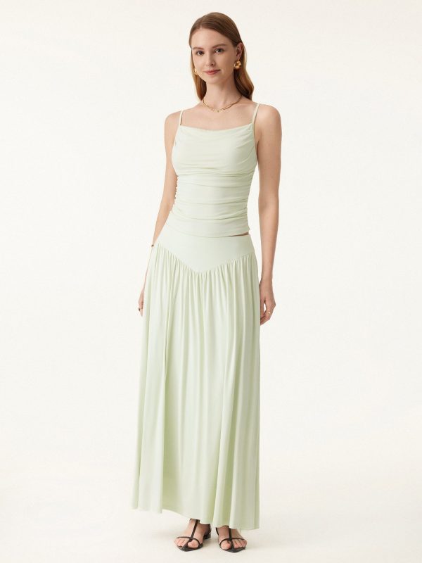 2Pcs Set Adjustable Spaghetti Straps Bra Top & V-shape Maxi Skirt with Pockets