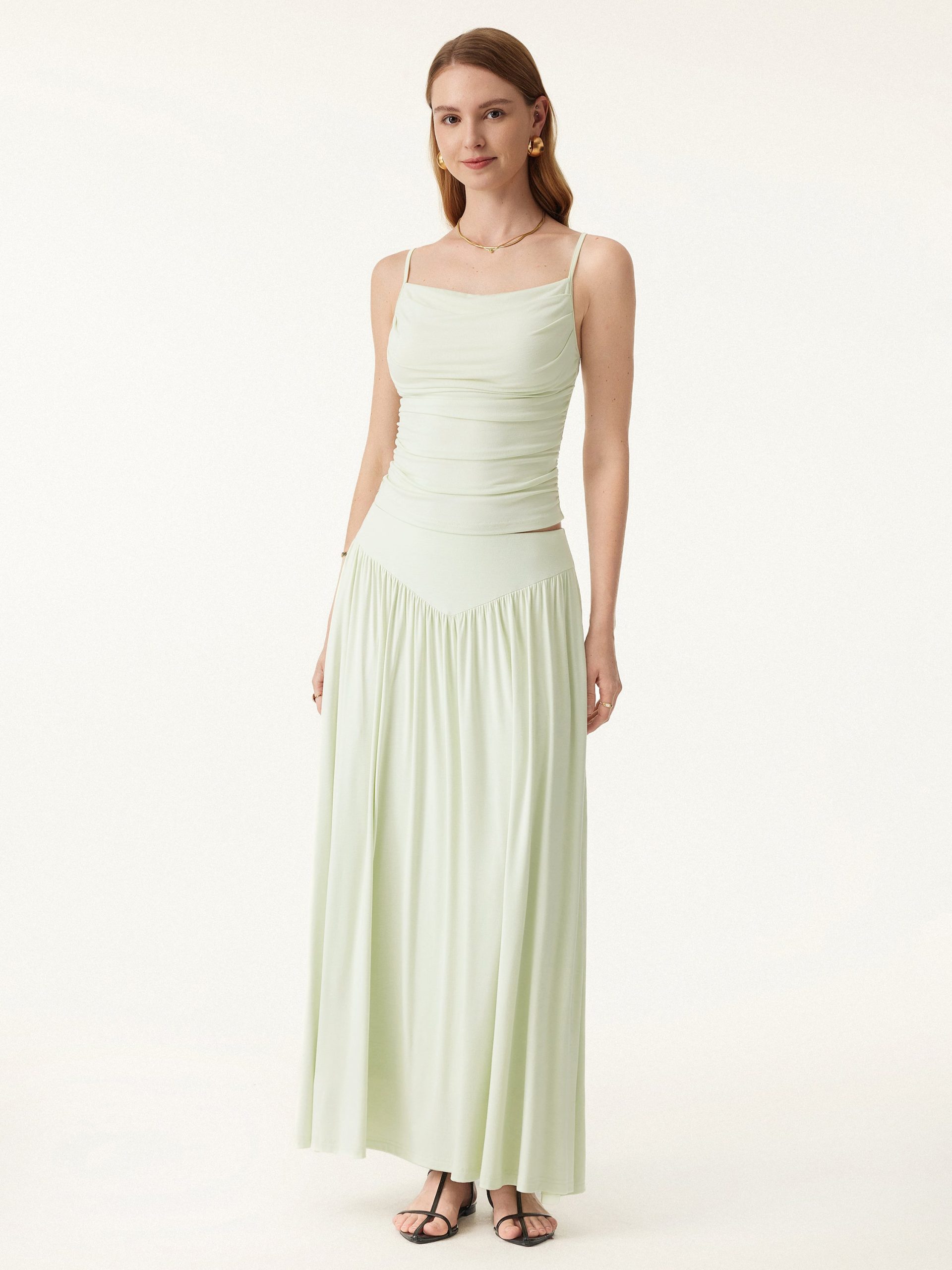 2Pcs Set Adjustable Spaghetti Straps Bra Top & V-shape Maxi Skirt with Pockets - Image 4