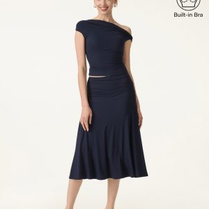 2Pcs Set Multi-wear Bra Top & Side Ruched A-line Midi Skirt - Image 2