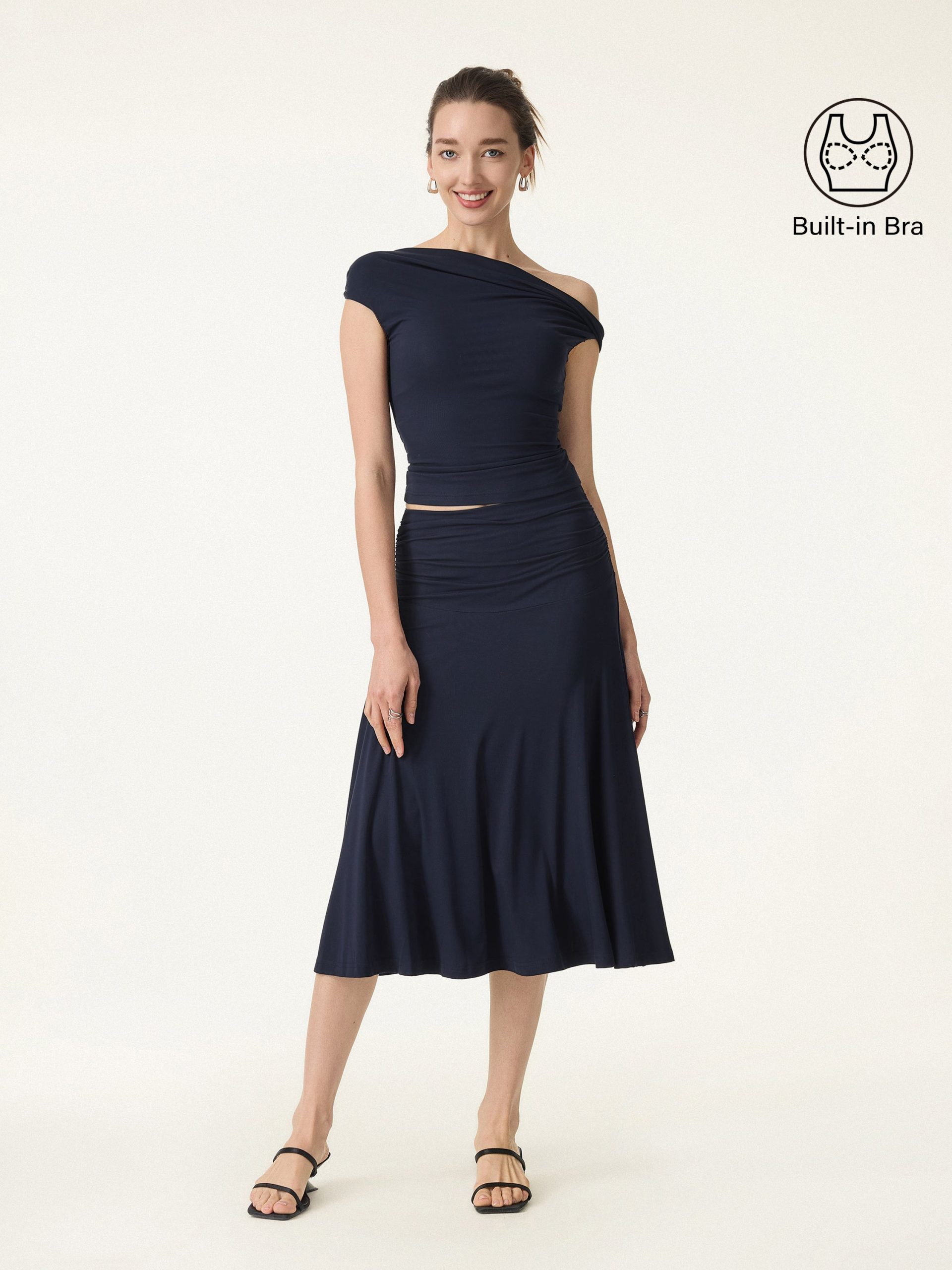2Pcs Set Multi-wear Bra Top & Side Ruched A-line Midi Skirt - Image 2