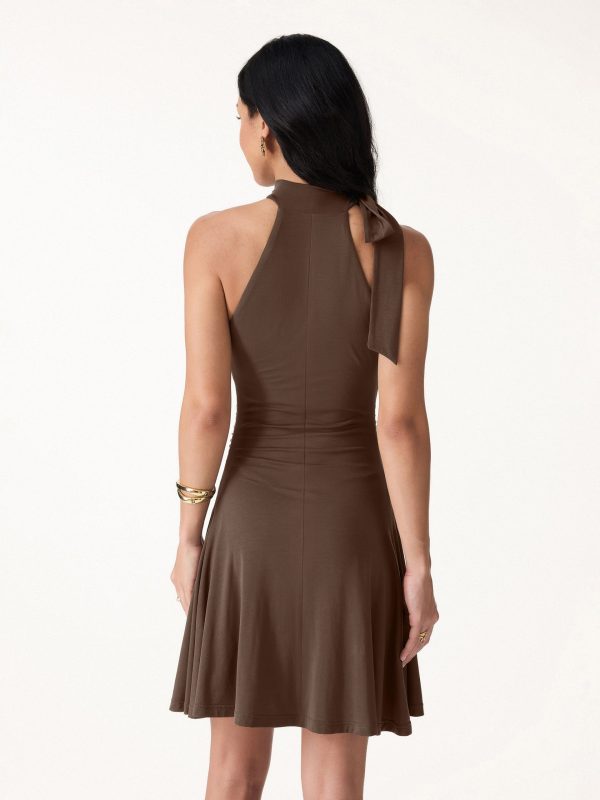 Milky Matte Mockneck Bow Tie Ruched Mini Bra Dress