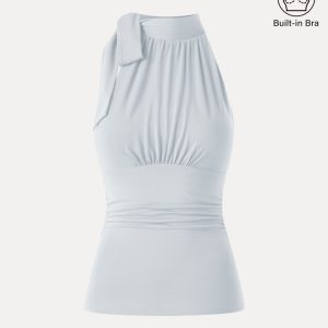Side Ruched High Tie Neck New Airy Bra Tank - Image 14