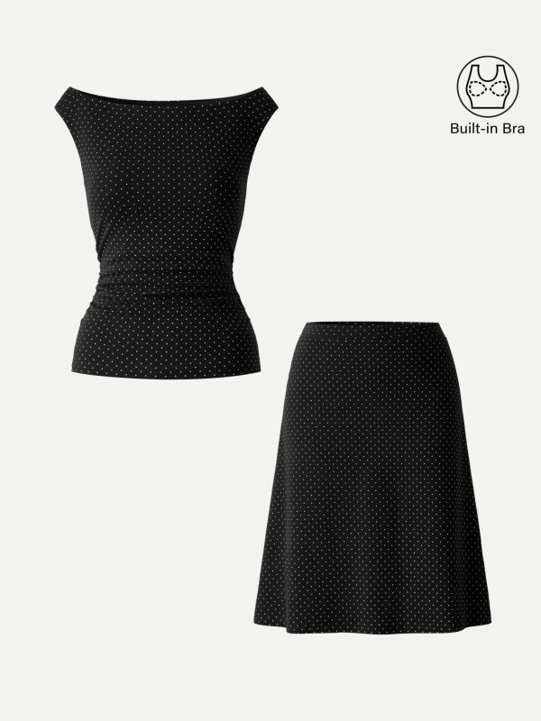 2Pcs Set Polka Dot Boatneck Bra Top & A-Line Flare Skirt Limited Edition