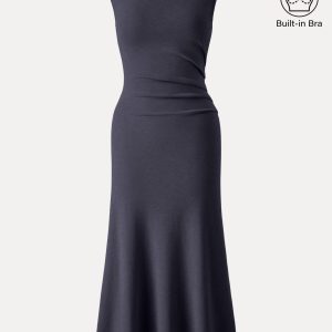 Elegant Boatneck Tucked Fit-and-Flare Midi Bra Dress - Image 12