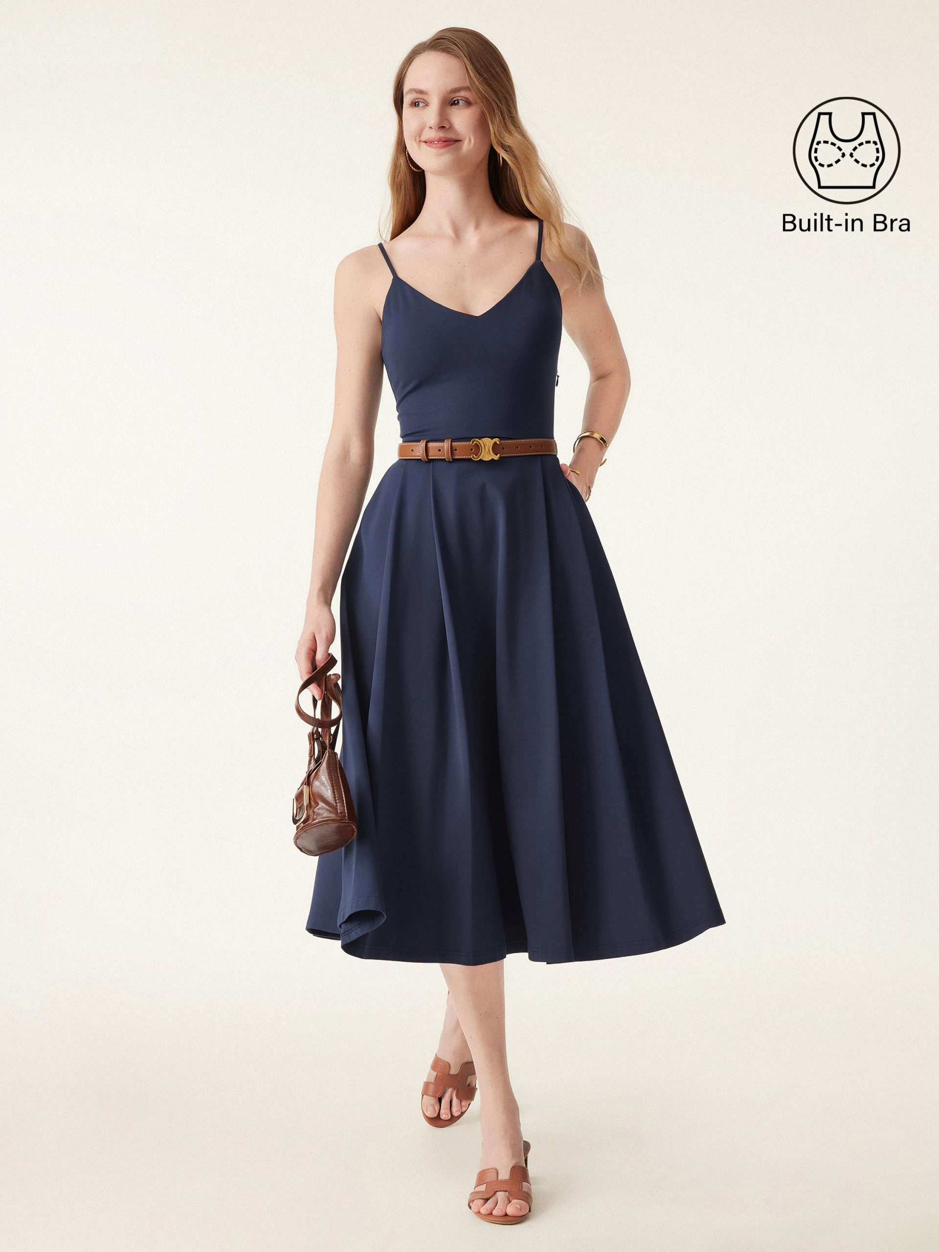 Bamboo Ponte V-neck Fit-and-flare Midi Bra Sundress with Pockets - Image 1