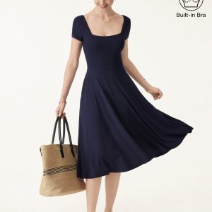 Flowy Square Neck Short Sleeve Midi Bra Dress - Image 1