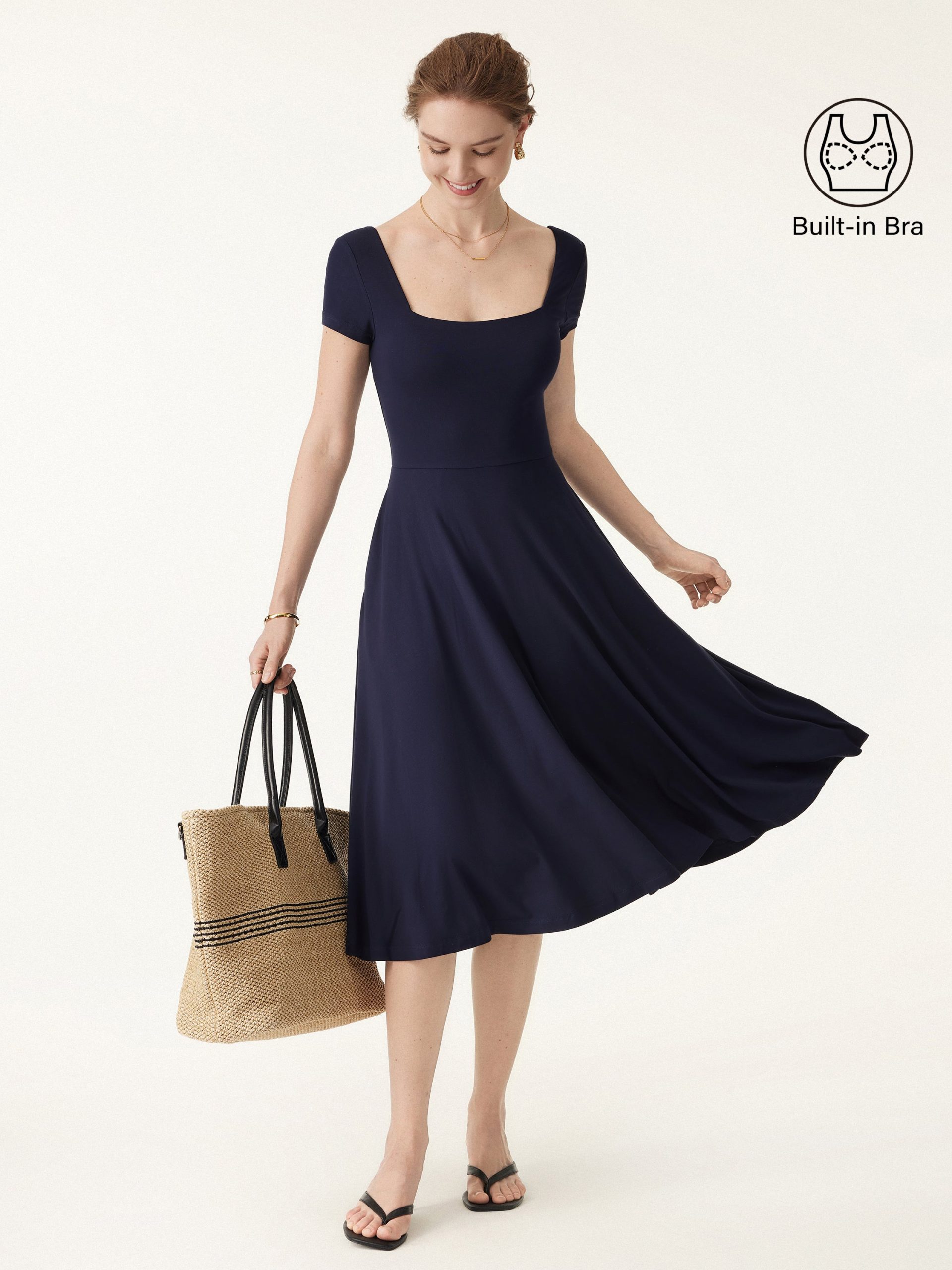 Flowy Square Neck Short Sleeve Midi Bra Dress - Image 1