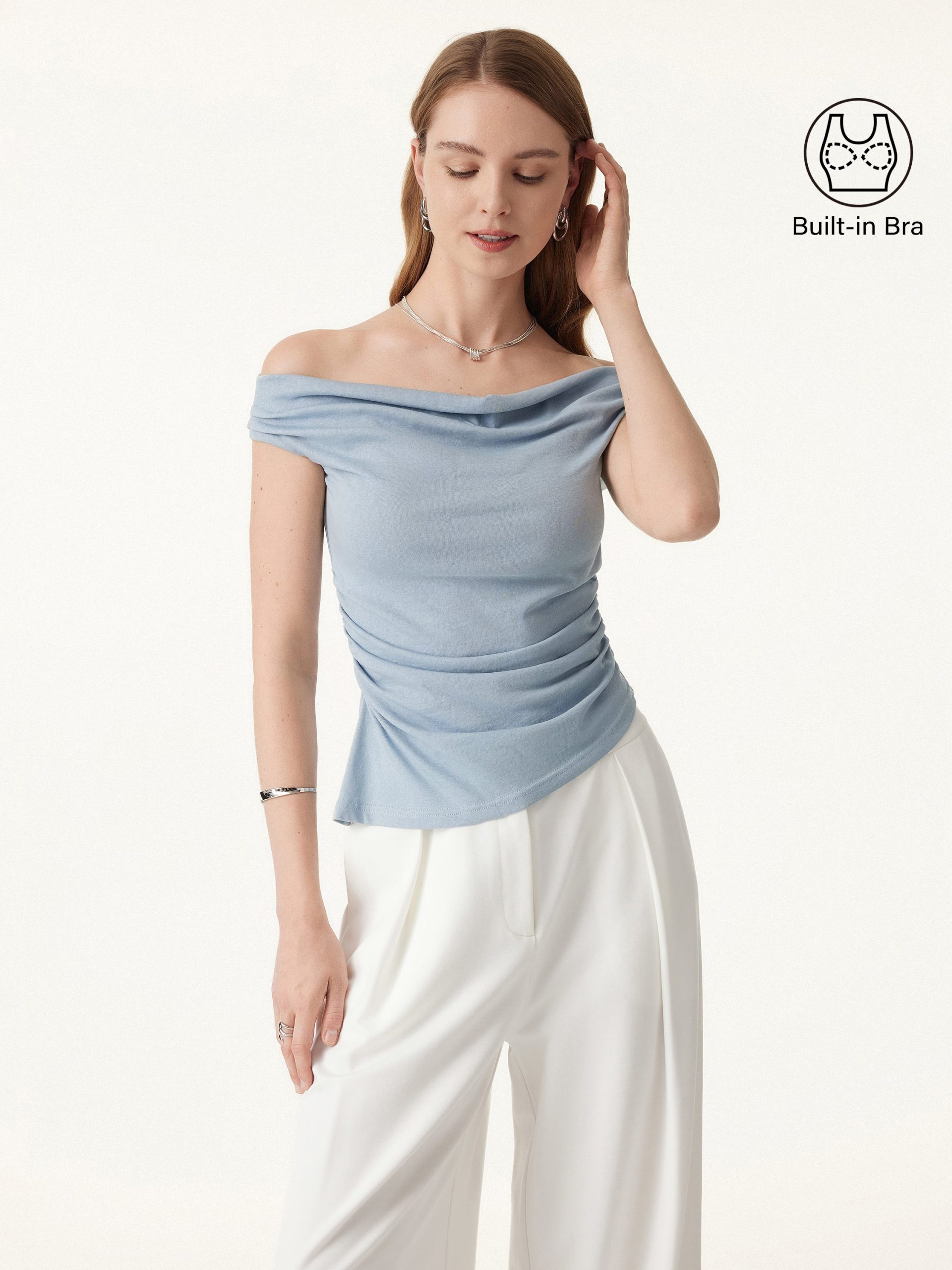 Off Shoulder Cotton-Linen Gathered New Airy Bra Tank - Image 4