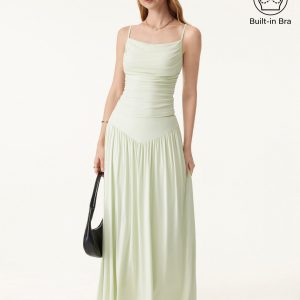 2Pcs Set Adjustable Spaghetti Straps Bra Top & V-shape Maxi Skirt with Pockets - Image 3