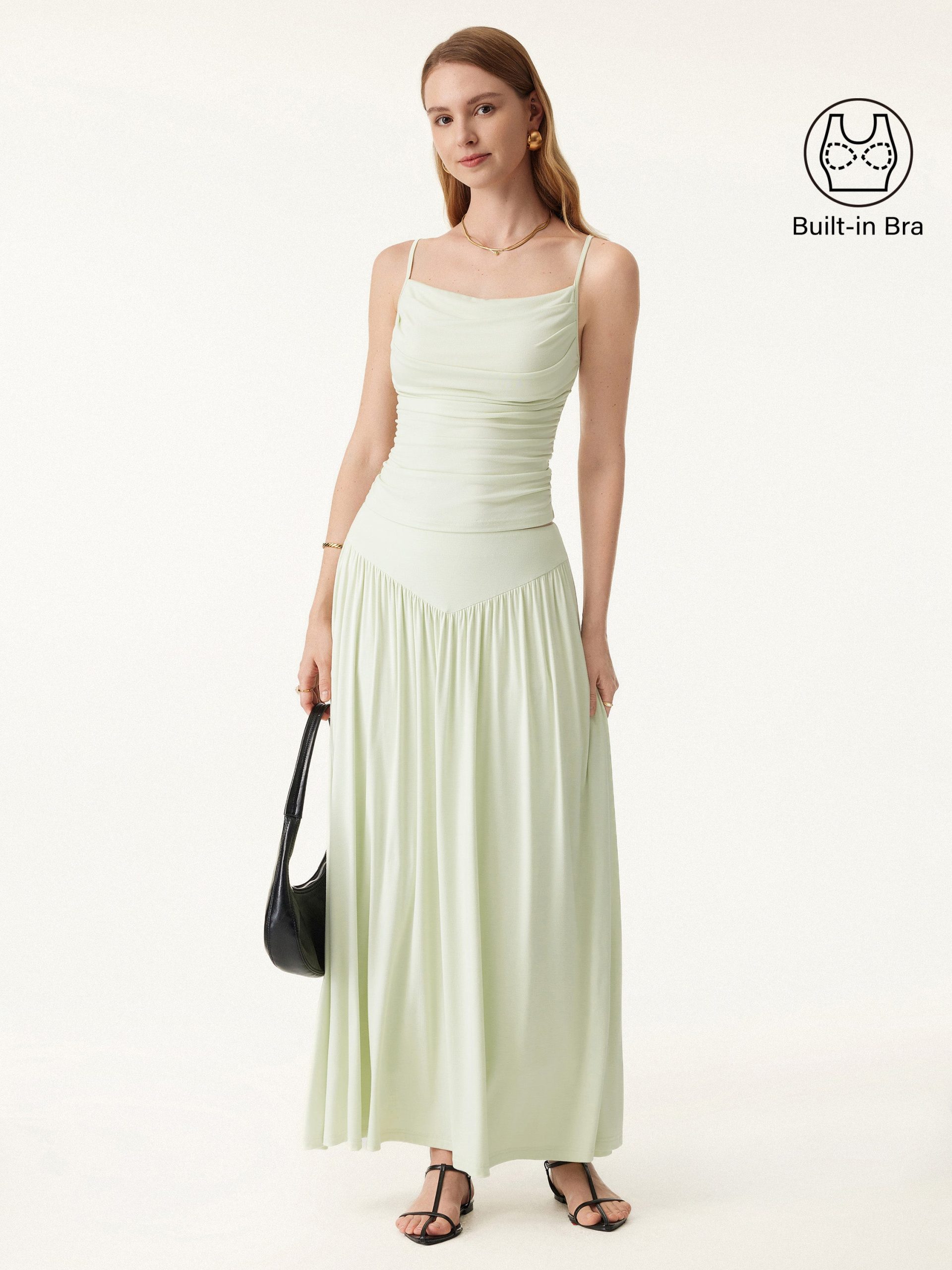 2Pcs Set Adjustable Spaghetti Straps Bra Top & V-shape Maxi Skirt with Pockets - Image 3