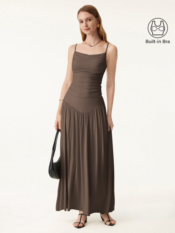 2Pcs Set Adjustable Spaghetti Straps Bra Top & V-shape Maxi Skirt with Pockets