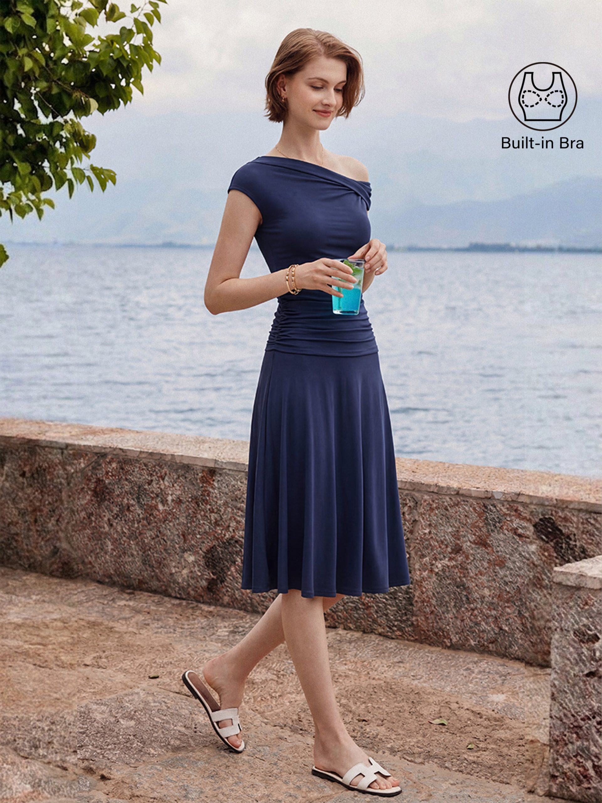 2Pcs Set Multi-wear Bra Top & Side Ruched A-line Midi Skirt - Image 3