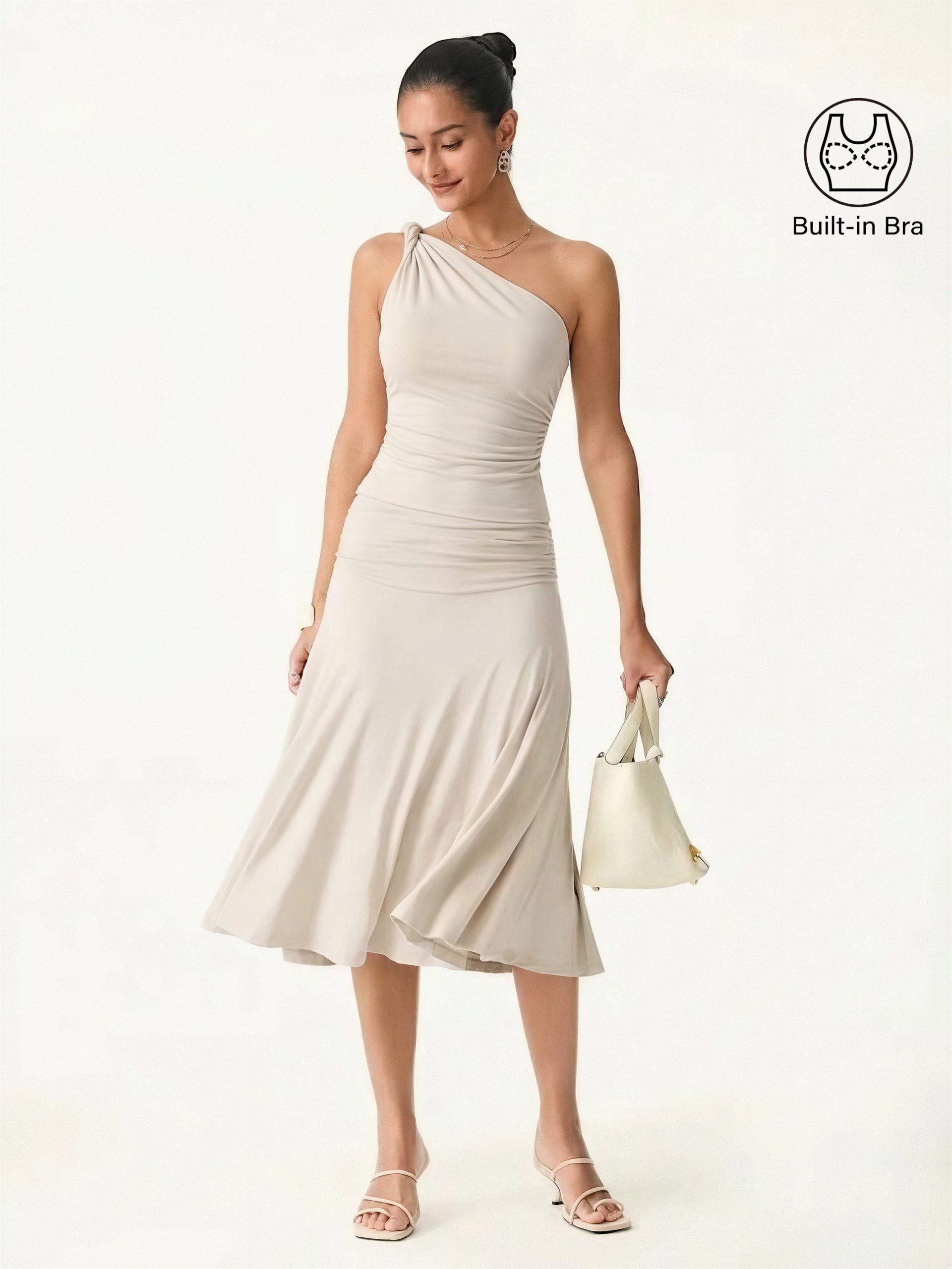2Pcs Set One Shoulder Twisted Bra Tank & Side Ruched A-line Midi Skirt - Image 1