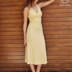 2Pcs Set Halter Neck Bra Tank & Pull-on Mermaid Midi Skirt
